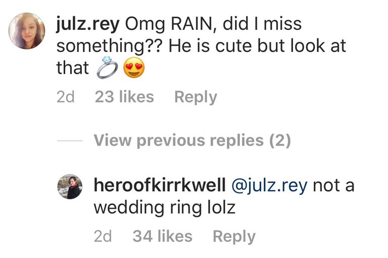 Screenshot of Rain Brown clearing engagement ring rumor.